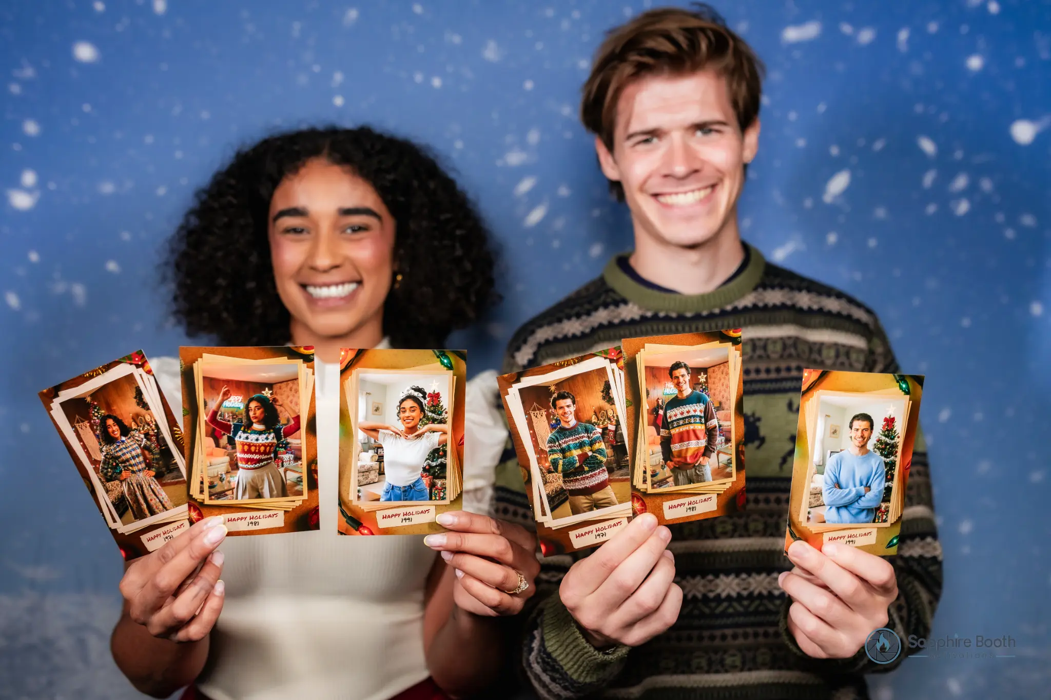 Guests holding holiday photo prints